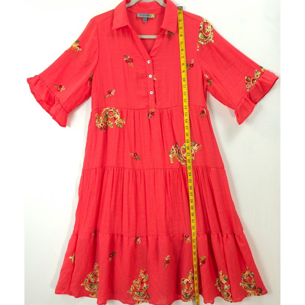 Anthropologie Figueroa & Flower Embroidered Dress Coral Pink Tiered M Boho - Picture 4 of 14